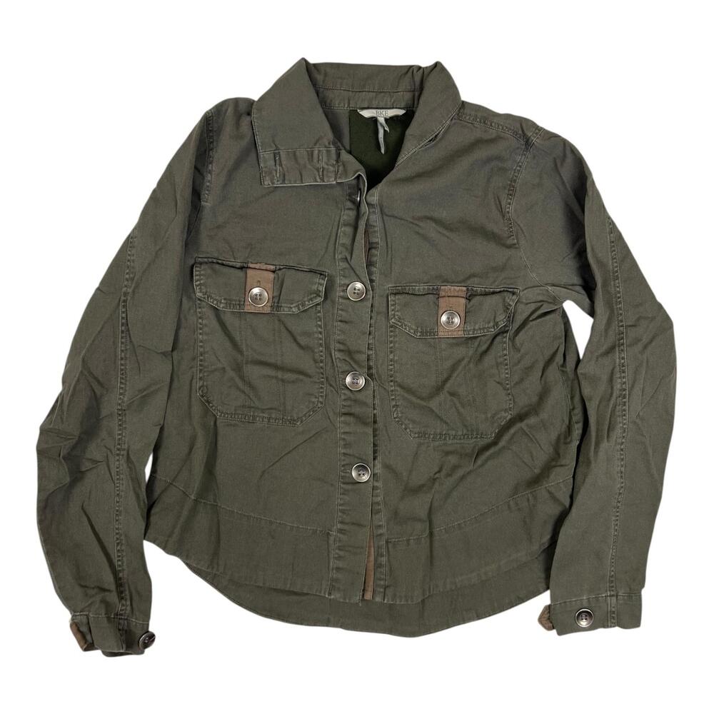 BKE Buckle Women's Button Front Shirt Small Green Military Twill Pockets Utility